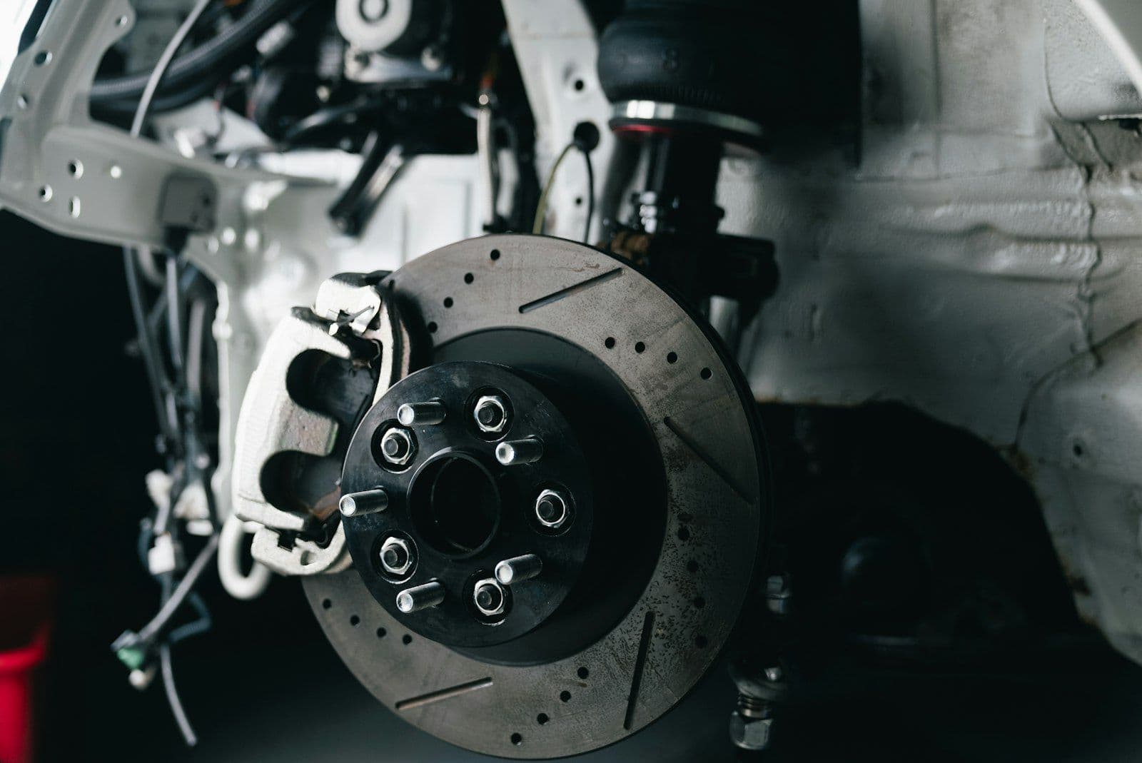 Close-up of a brake disc and caliper
